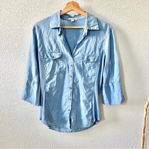 James Perse Sheer Slub Side Panel Shirt Size 4 XL Blue 100% Cotton Button Front - Picture 1 of 8